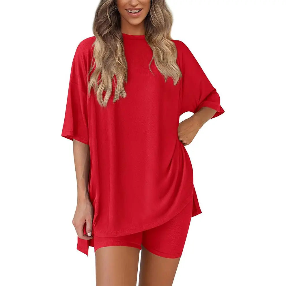 Women's Summer Two-Piece Set - Oversized Crewneck & Biker Shorts