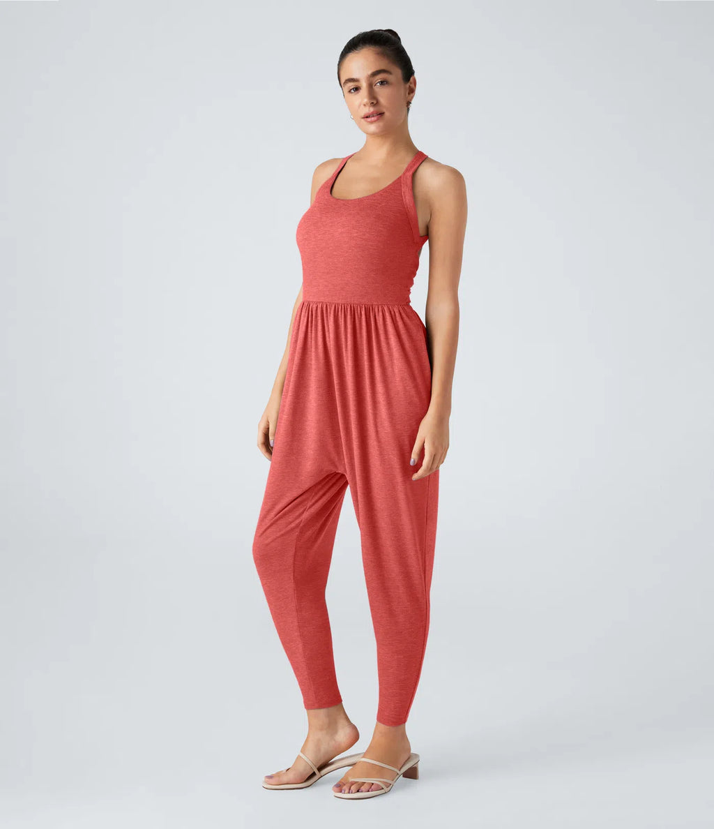 U Neck Harem Casual Jumpsuit with Pockets-Easy Peezy Edition DD-F Cups