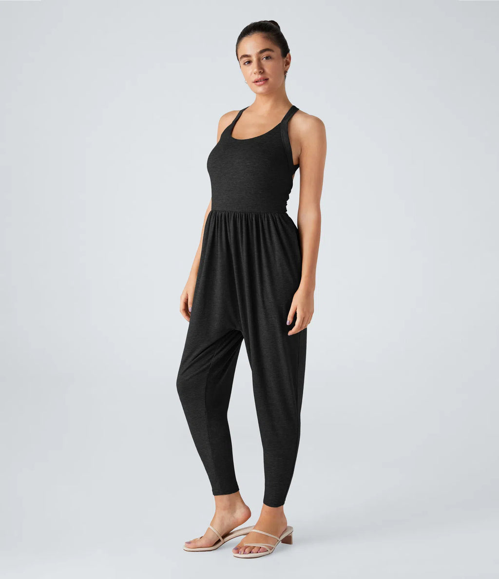 U Neck Harem Casual Jumpsuit with Pockets-Easy Peezy Edition DD-F Cups