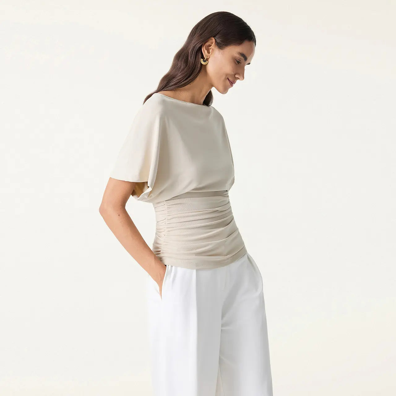 Effortless Boatneck Batwing Sleeve Side Ruched Top - Stylish & Comfortable Women's Fashion baju kelawar outfit Quiet Luxury Essential cute spring clothes women's summer tops summerwins