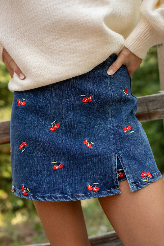 My Favorite Stretchy Dark Wash Cherry Embroidered Side Slit Denim Skort