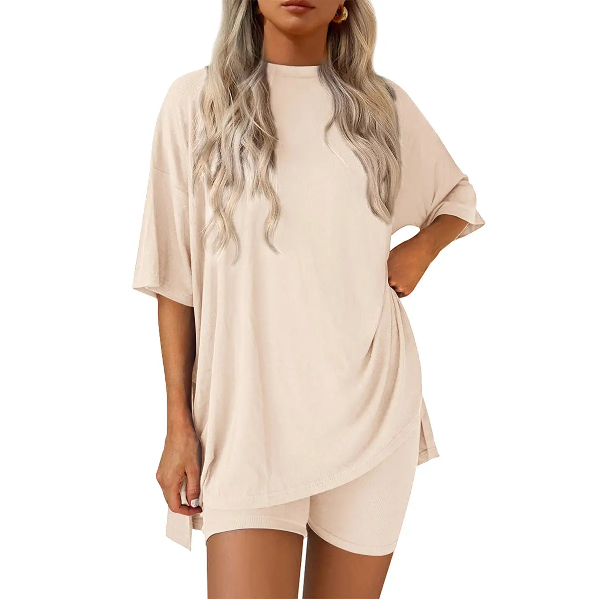 Women's Summer Two-Piece Set - Oversized Crewneck & Biker Shorts