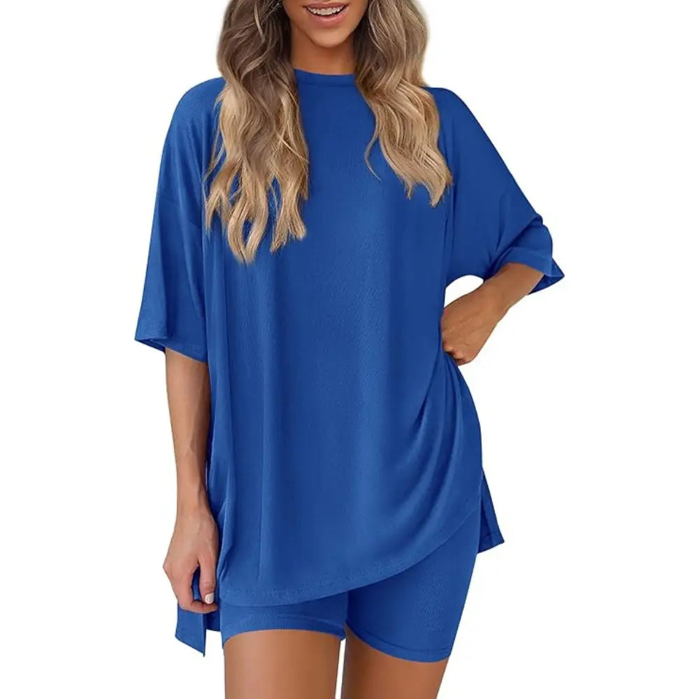 Women's Summer Two-Piece Set - Oversized Crewneck & Biker Shorts