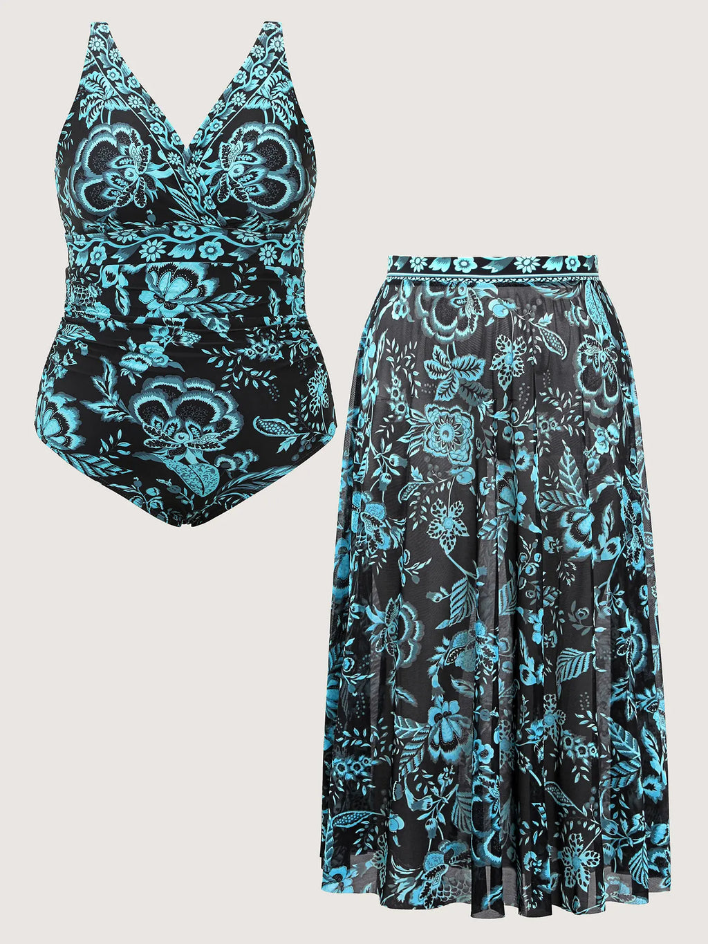 Floral Print Ruched Mesh Swimsuit & Sarong
