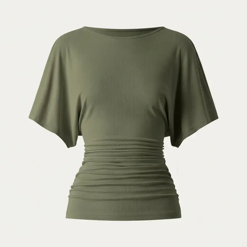 Effortless Boatneck Batwing Sleeve Side Ruched Top - Stylish & Comfortable Women's Fashion baju kelawar outfit Quiet Luxury Essential cute spring clothes women's summer tops summerwins