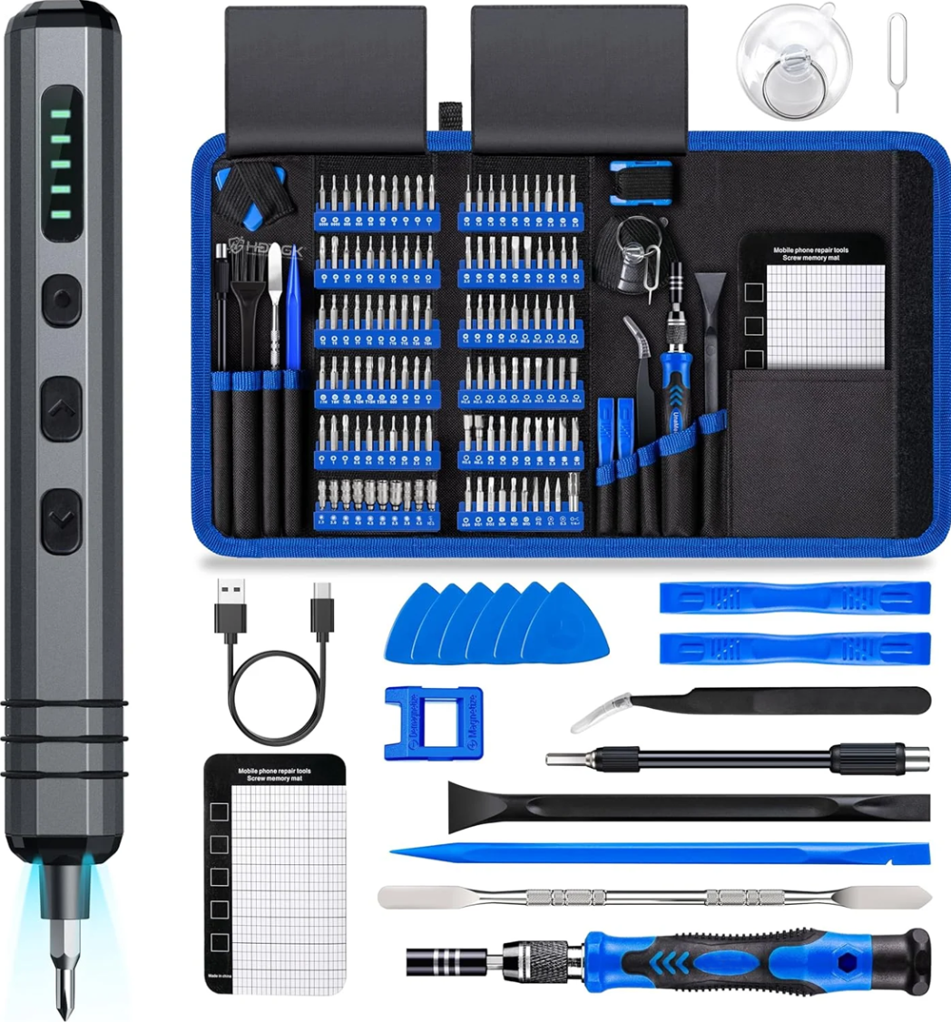 HDRGK Mini Electric Screwdriver Set 140-IN-1: Small Electric Screwdriver Cordless - 120 Precision Bits, 5 Torque Settings, LED Light, Magnetic Power Screwdriver Repair Tool Kit for PC RC Electronics