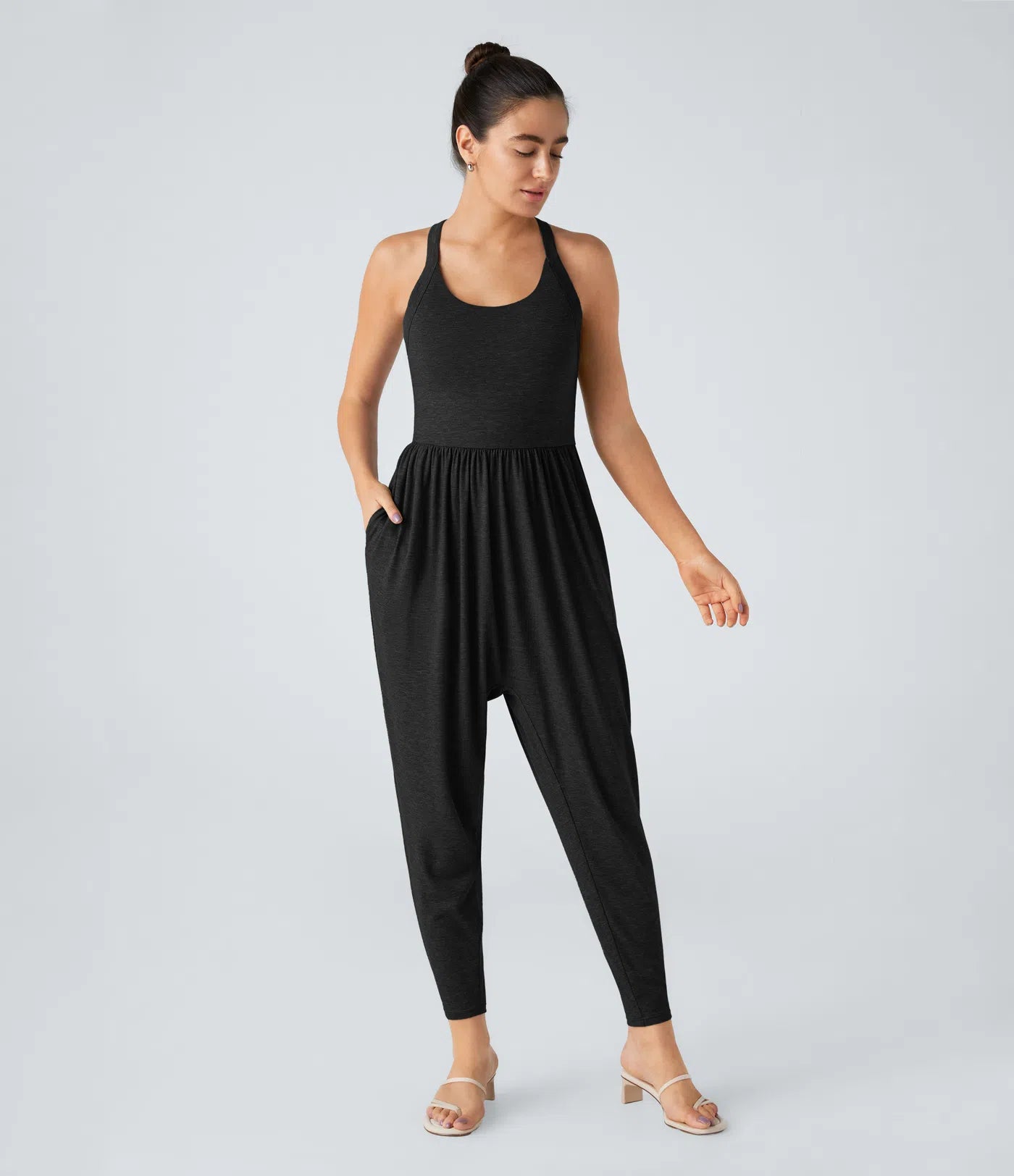 U Neck Harem Casual Jumpsuit with Pockets-Easy Peezy Edition DD-F Cups