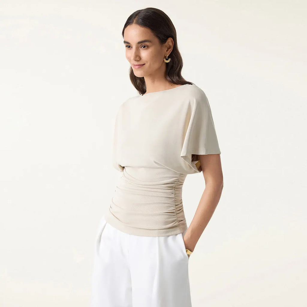 Effortless Boatneck Batwing Sleeve Side Ruched Top - Stylish & Comfortable Women's Fashion baju kelawar outfit Quiet Luxury Essential cute spring clothes women's summer tops summerwins