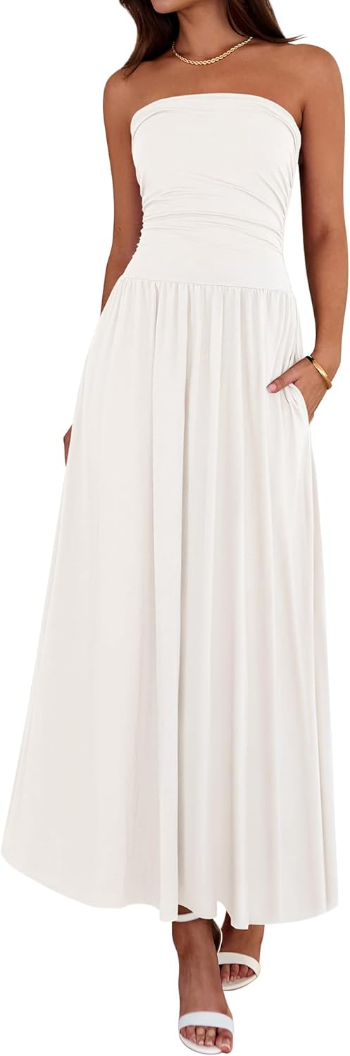 Summer Maxi Dresses for Women 2026 Strapless Ruched Tube Top Beach Vacation Spring Wedding Guest Dress Pockets