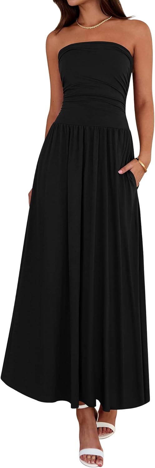Summer Maxi Dresses for Women 2026 Strapless Ruched Tube Top Beach Vacation Spring Wedding Guest Dress Pockets