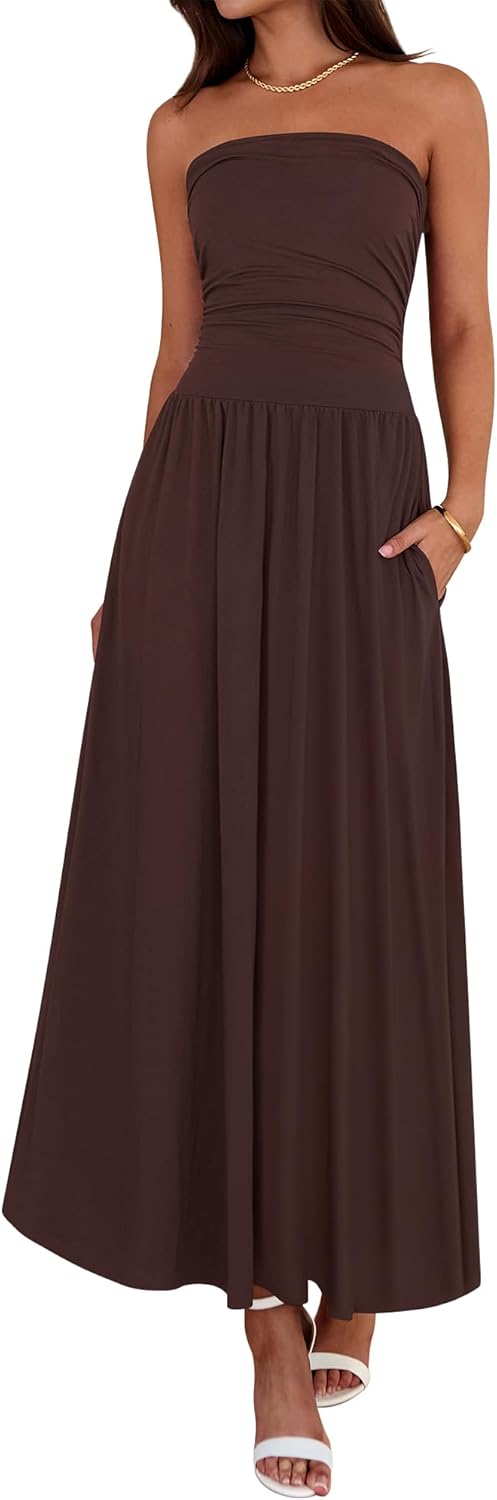 Summer Maxi Dresses for Women 2026 Strapless Ruched Tube Top Beach Vacation Spring Wedding Guest Dress Pockets