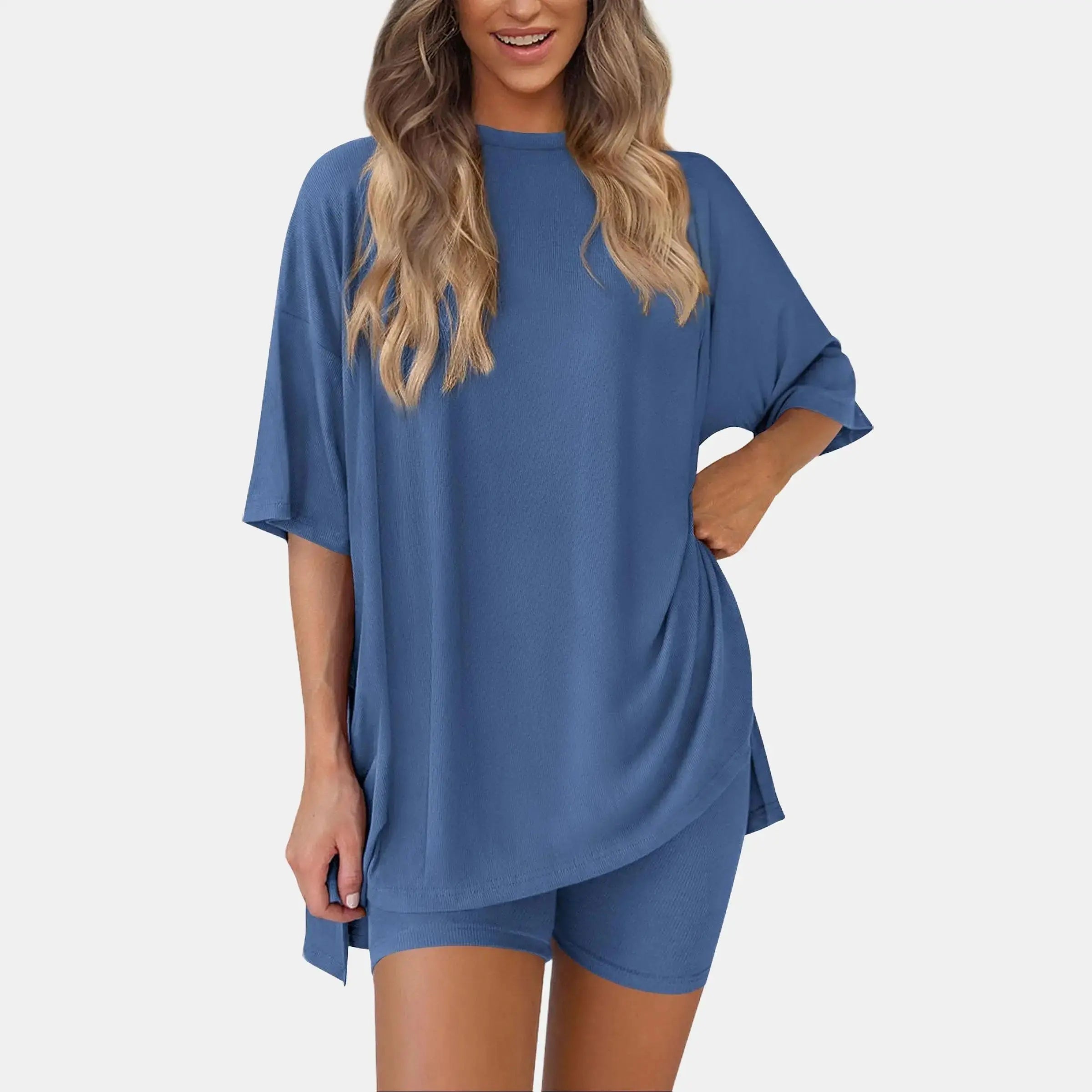 Women's Summer Two-Piece Set - Oversized Crewneck & Biker Shorts