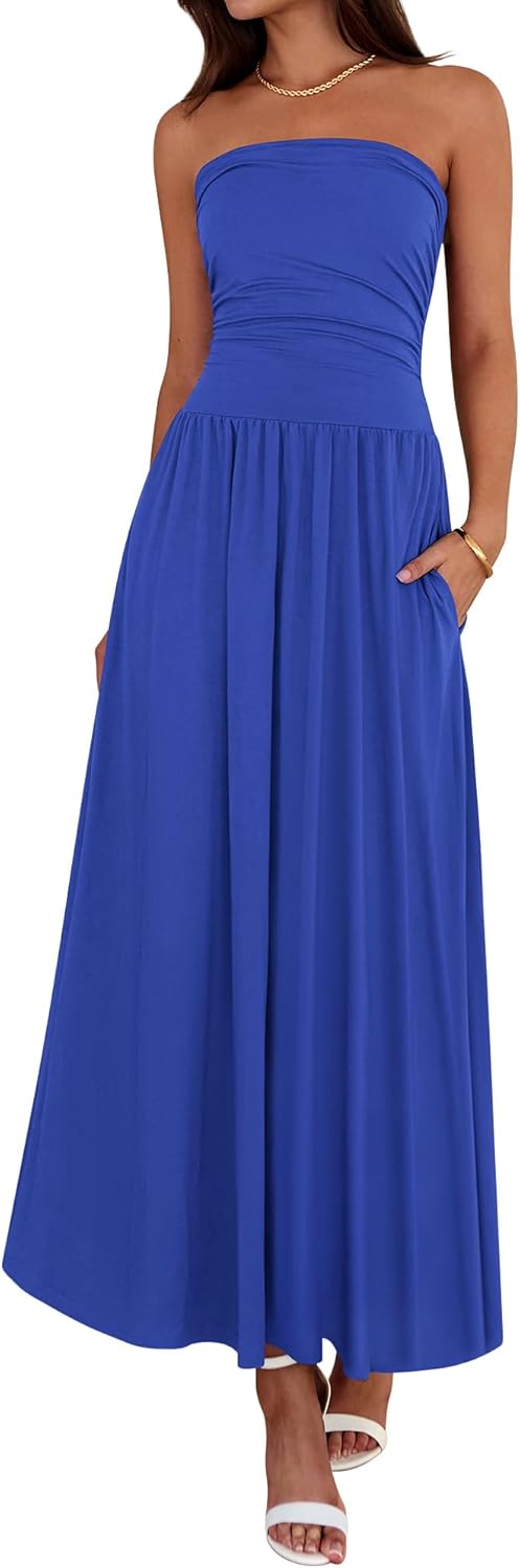 Summer Maxi Dresses for Women 2026 Strapless Ruched Tube Top Beach Vacation Spring Wedding Guest Dress Pockets