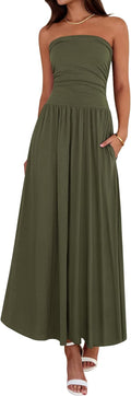 Summer Maxi Dresses for Women 2026 Strapless Ruched Tube Top Beach Vacation Spring Wedding Guest Dress Pockets