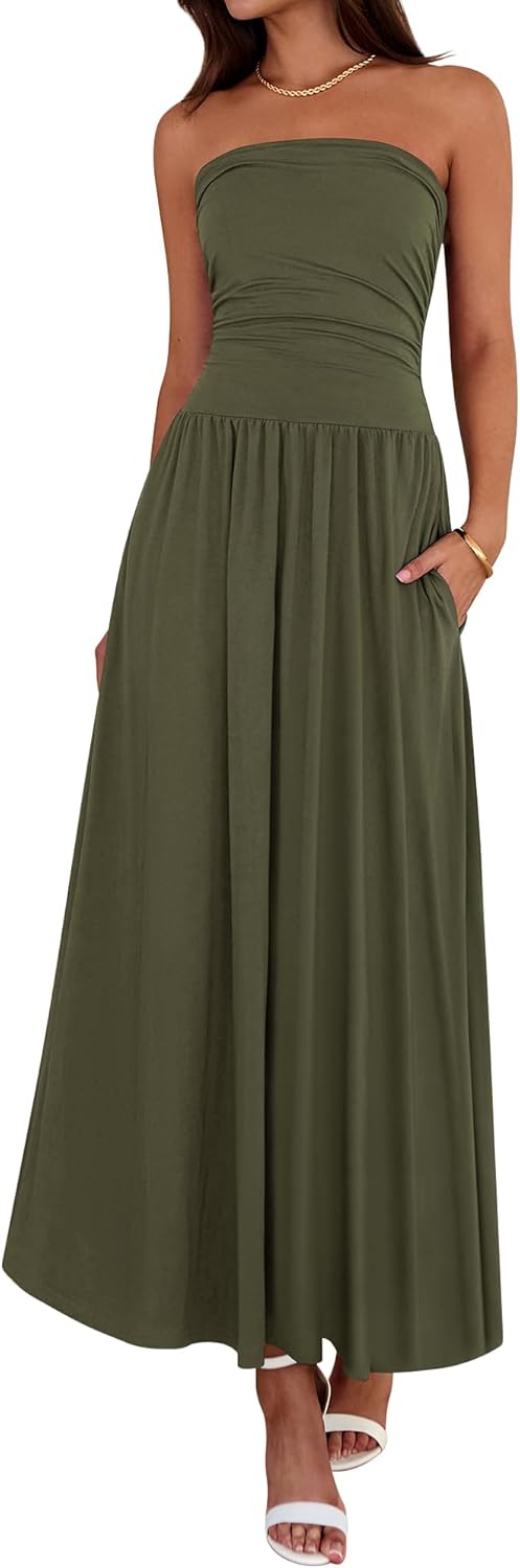 Summer Maxi Dresses for Women 2026 Strapless Ruched Tube Top Beach Vacation Spring Wedding Guest Dress Pockets