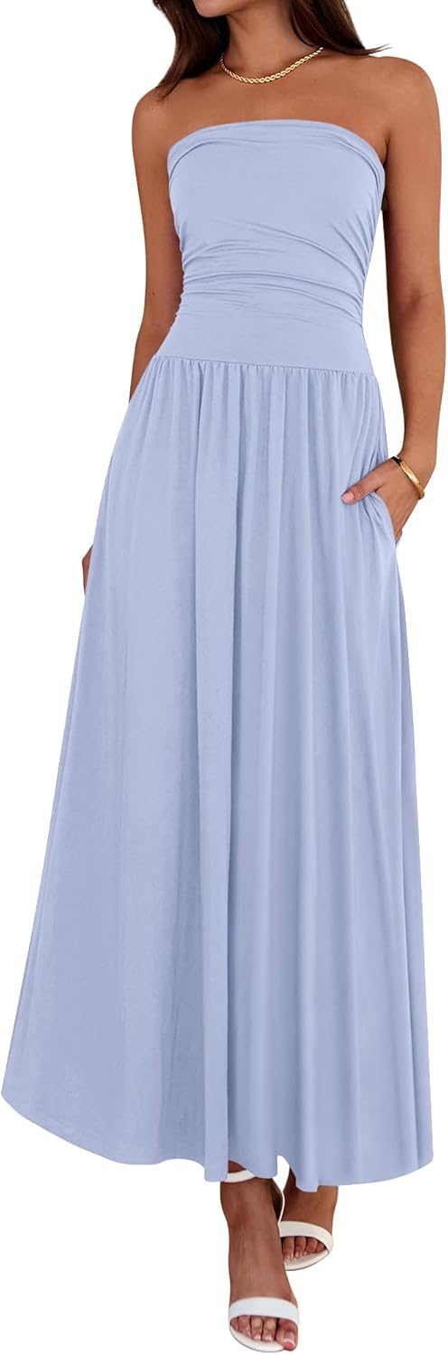 Summer Maxi Dresses for Women 2026 Strapless Ruched Tube Top Beach Vacation Spring Wedding Guest Dress Pockets