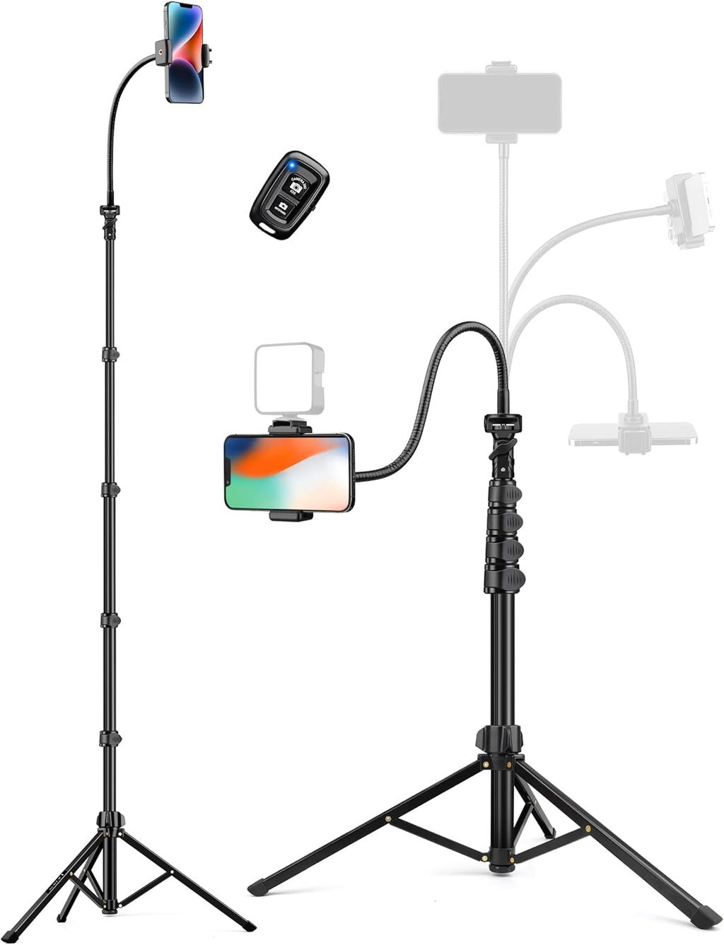 Phone Tripod, 67" Tall Tripod for iPhone with Flexible Gooseneck & Remote, Portable Aluminum Cellphone Stand for Selfies, Video Recording,Travel, Compatible with iPhone Android