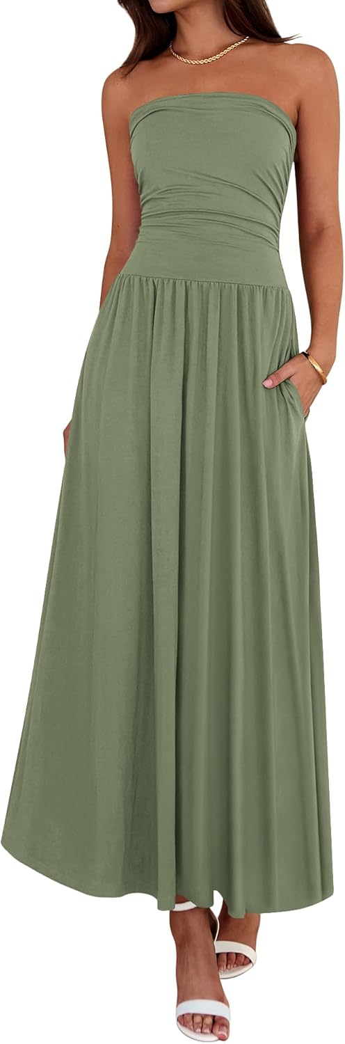 Summer Maxi Dresses for Women 2026 Strapless Ruched Tube Top Beach Vacation Spring Wedding Guest Dress Pockets