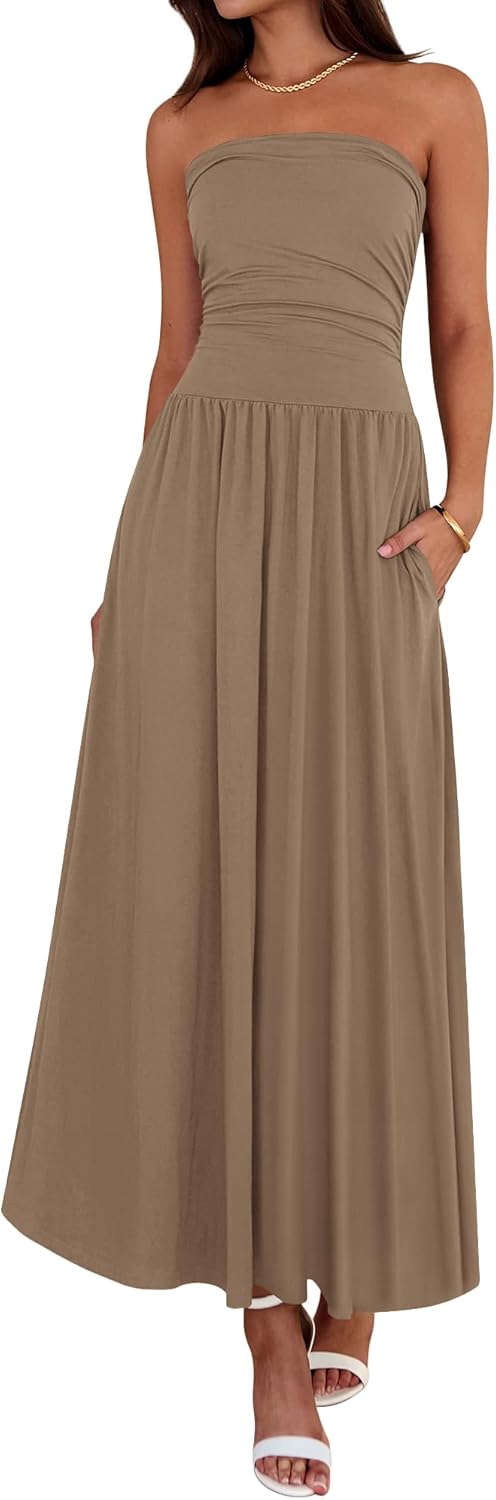 Summer Maxi Dresses for Women 2026 Strapless Ruched Tube Top Beach Vacation Spring Wedding Guest Dress Pockets
