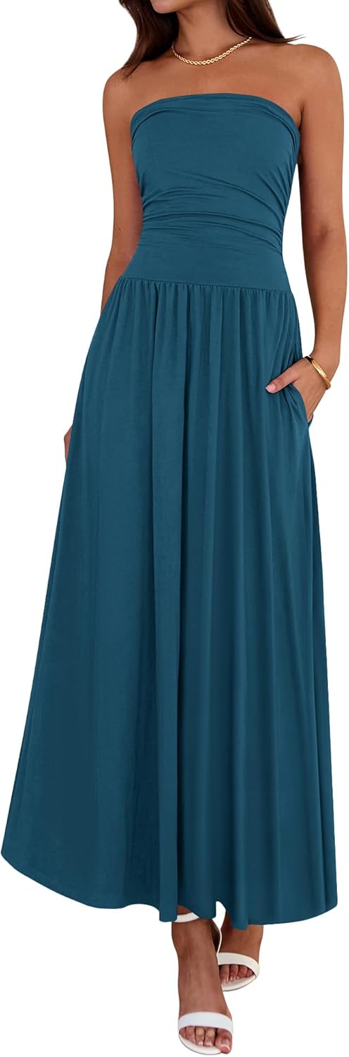 Summer Maxi Dresses for Women 2026 Strapless Ruched Tube Top Beach Vacation Spring Wedding Guest Dress Pockets