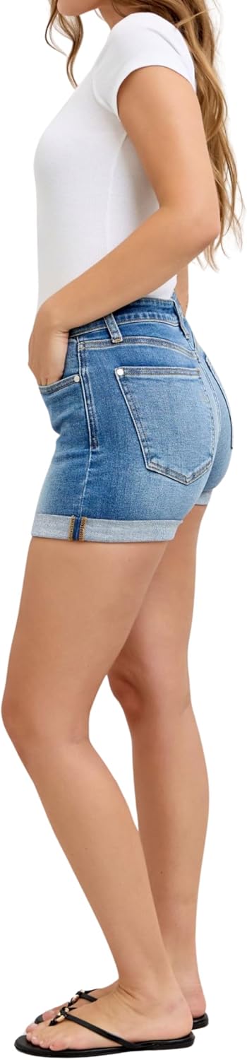 Mid Rise Cuffed Slim Denim Shorts