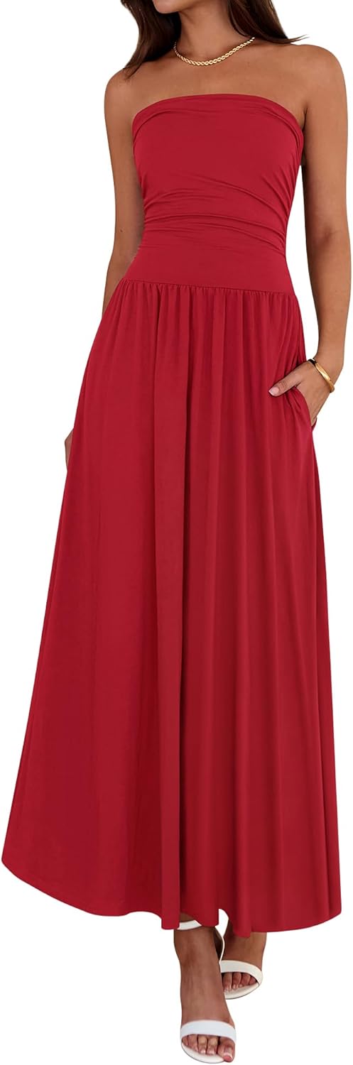 Summer Maxi Dresses for Women 2026 Strapless Ruched Tube Top Beach Vacation Spring Wedding Guest Dress Pockets