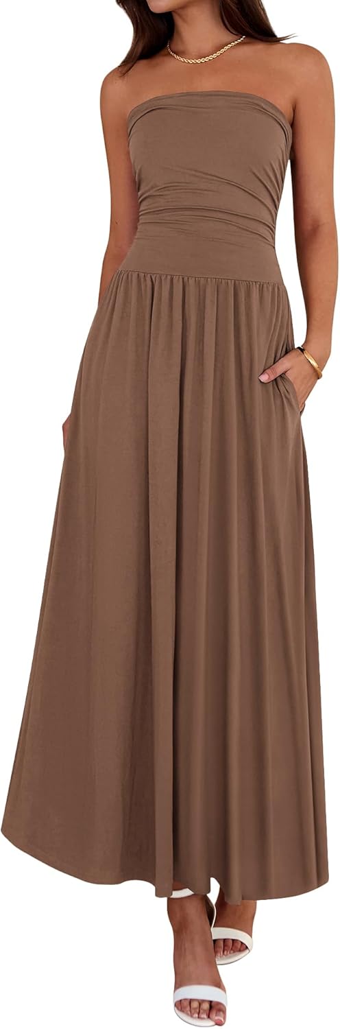 Summer Maxi Dresses for Women 2026 Strapless Ruched Tube Top Beach Vacation Spring Wedding Guest Dress Pockets