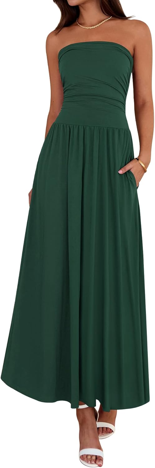 Summer Maxi Dresses for Women 2026 Strapless Ruched Tube Top Beach Vacation Spring Wedding Guest Dress Pockets