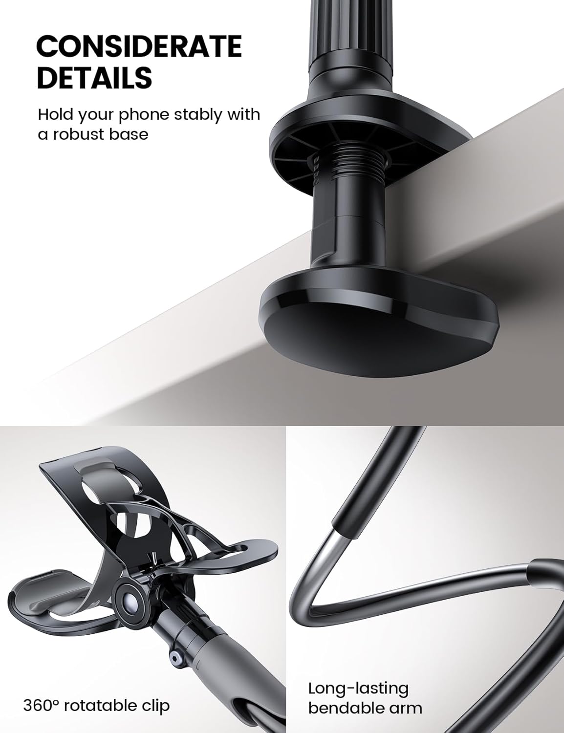 HDRGK Gooseneck Phone Holder for Bed - Cell Phone Mount Clamp Clip, Flexible Long Arm, Overhead Mount for Desk Headboard Bedside, Gifts for iPhone Air 17 Pro Max, 16 15 14 Pro Max and 4-7" Phone