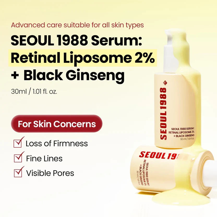 SEOUL 1988 Retinal Serum – Formulated with Advanced Retinal Liposome 2% and 58% Black Ginseng Extract | Fine Lines and Skin Texture Care Serum | Korean Skincare, 30ml / 1.01 fl oz