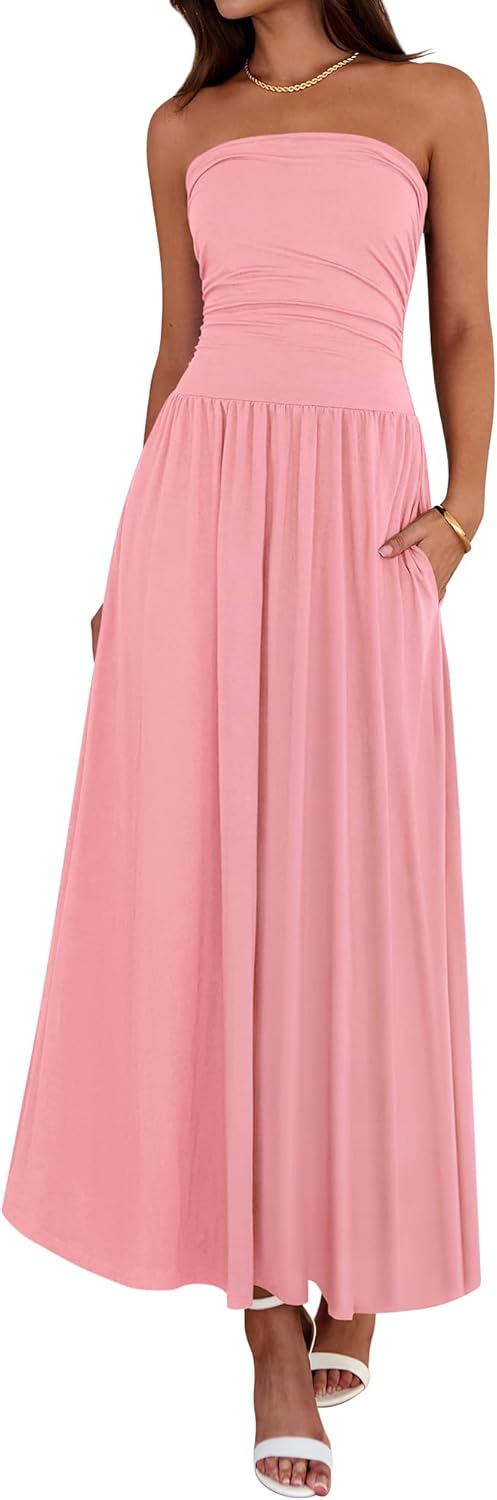 Summer Maxi Dresses for Women 2026 Strapless Ruched Tube Top Beach Vacation Spring Wedding Guest Dress Pockets