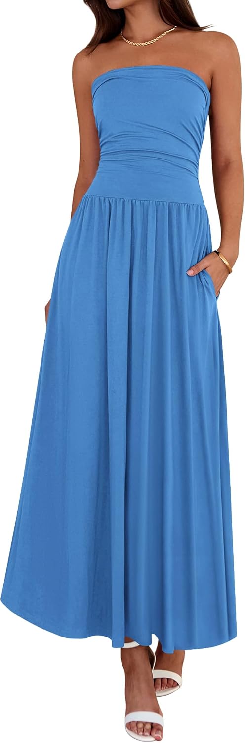 Summer Maxi Dresses for Women 2026 Strapless Ruched Tube Top Beach Vacation Spring Wedding Guest Dress Pockets