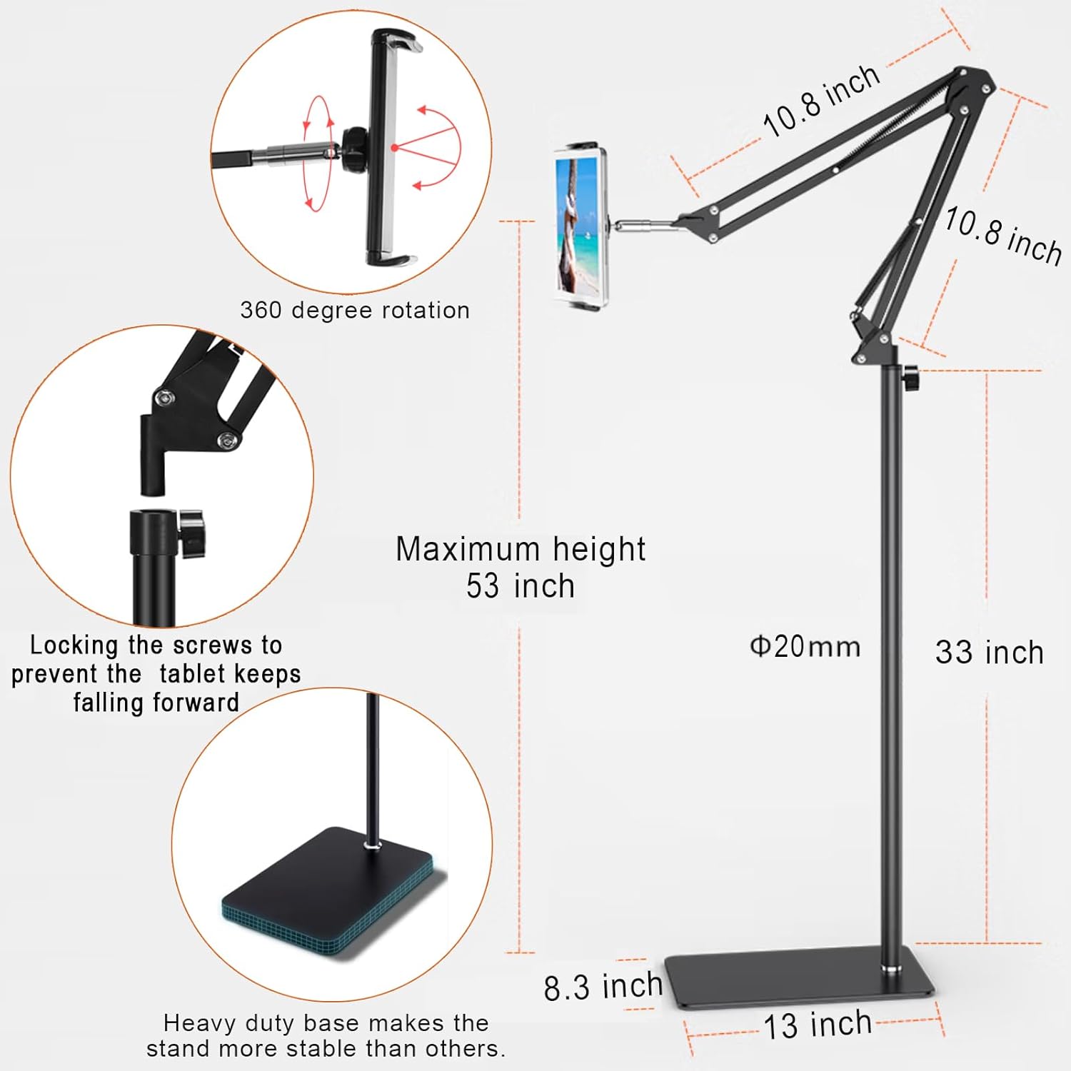 Tablet Floor Stand with 6LB Weight, Overhead Bed phone Stand Angle Height Adjustable Arm Stretchable Stand Holder, Compatible with iPhone iPad Mini Air Pro, Galaxy Tab, Kindle, E-Readers,all Phones