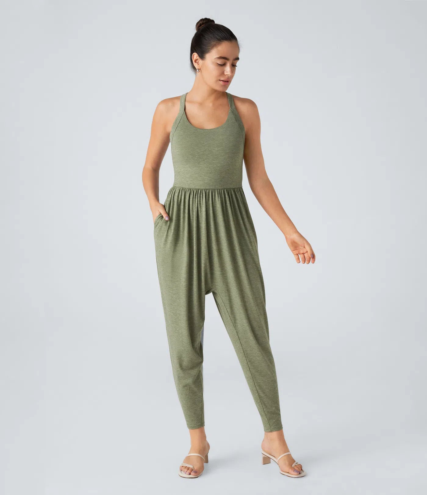 U Neck Harem Casual Jumpsuit with Pockets-Easy Peezy Edition DD-F Cups