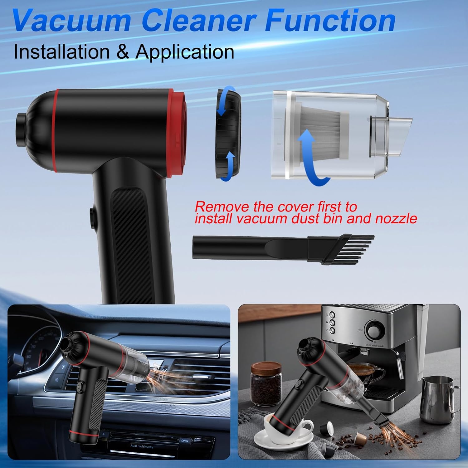 Compressed Air Duster, 100000RPM Handheld Car Vacuum/Air Blower& Pump, 3 Gear Adjustable Electric Air Duster/Car Vacuum Cleaner, Keyboard Duster with LED Light-10 Kits Air Blower for Computer(Black)
