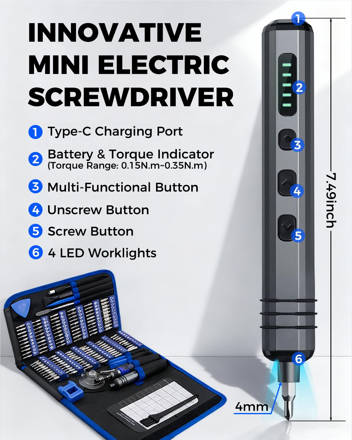 Mini Electric Screwdriver Set 140-IN-1: UnaMela Small Electric Screwdriver Cordless - 120 Precision Bits, 5 Torque Settings, LED Light, Magnetic Power Screwdriver Repair Tool Kit for PC RC Electronics