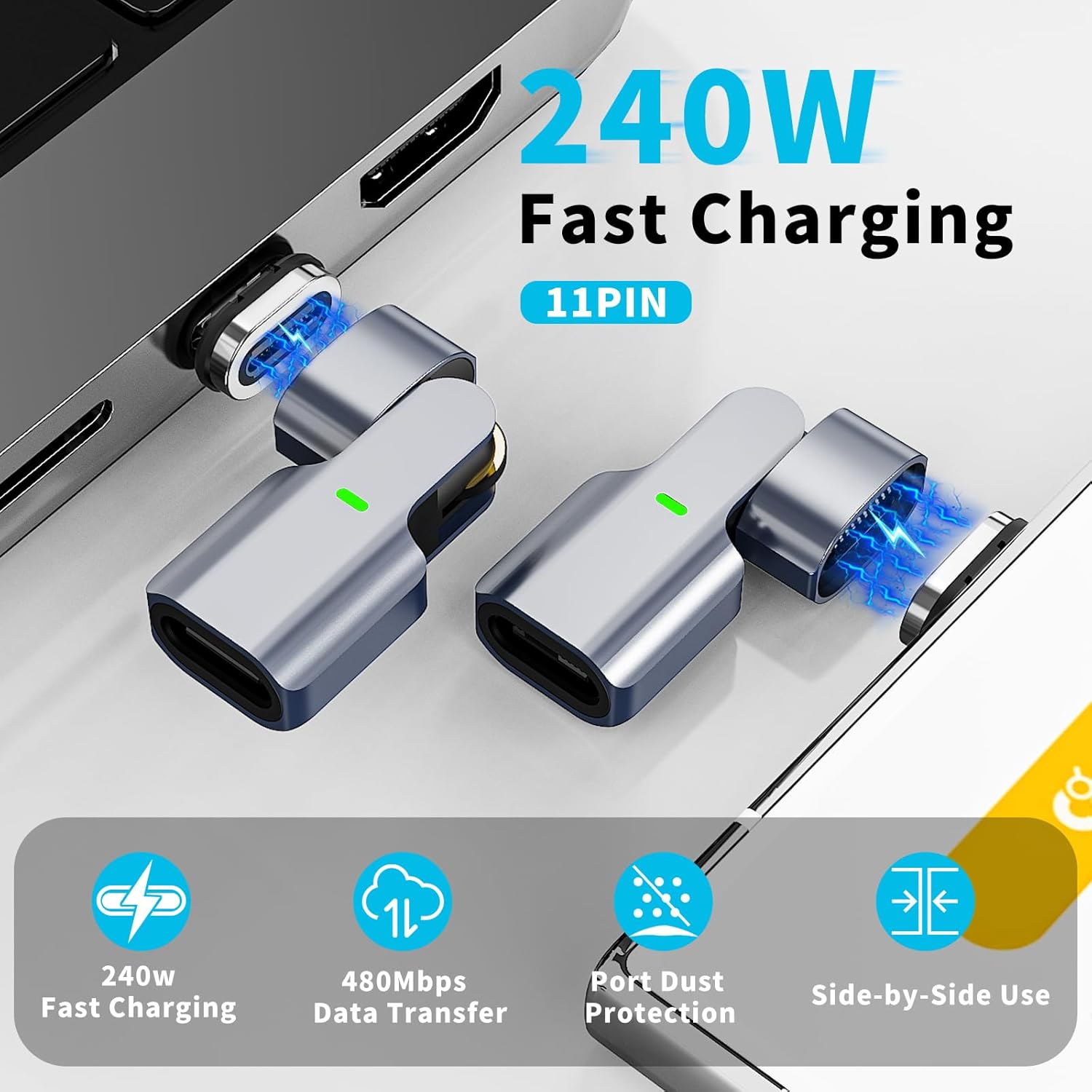 3C'S 240W 180 Degree USB C Magnetic Adapter,(1Pcs) 11PIN USB C 90 Degree Right Angle Magnetic Adapter 480Mbps for Thunderbolt 4/3, MacBook Pro/Air,Steam Deck, PS5 PSVR2,IPad Series