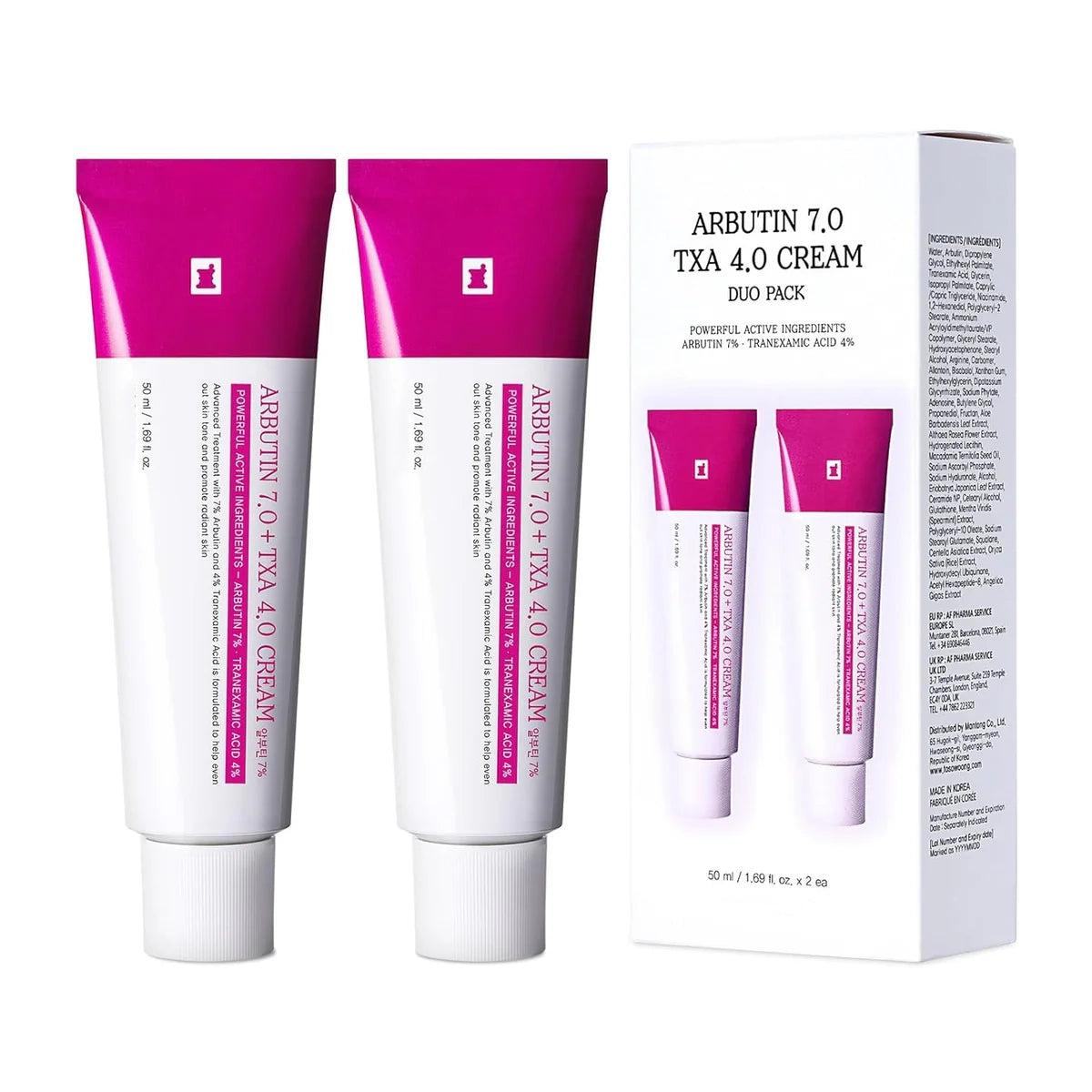 Arbutin 7% + Tranexamic Acid 4% Cream, 70,000ppm Arbutin, 40,000ppm TXA, Niacinamide, Glutathione, Dark Spots, Freckle, Blemishes, Pigmentation, Korean Skin Care, 50ml, 1.69 fl.oz.