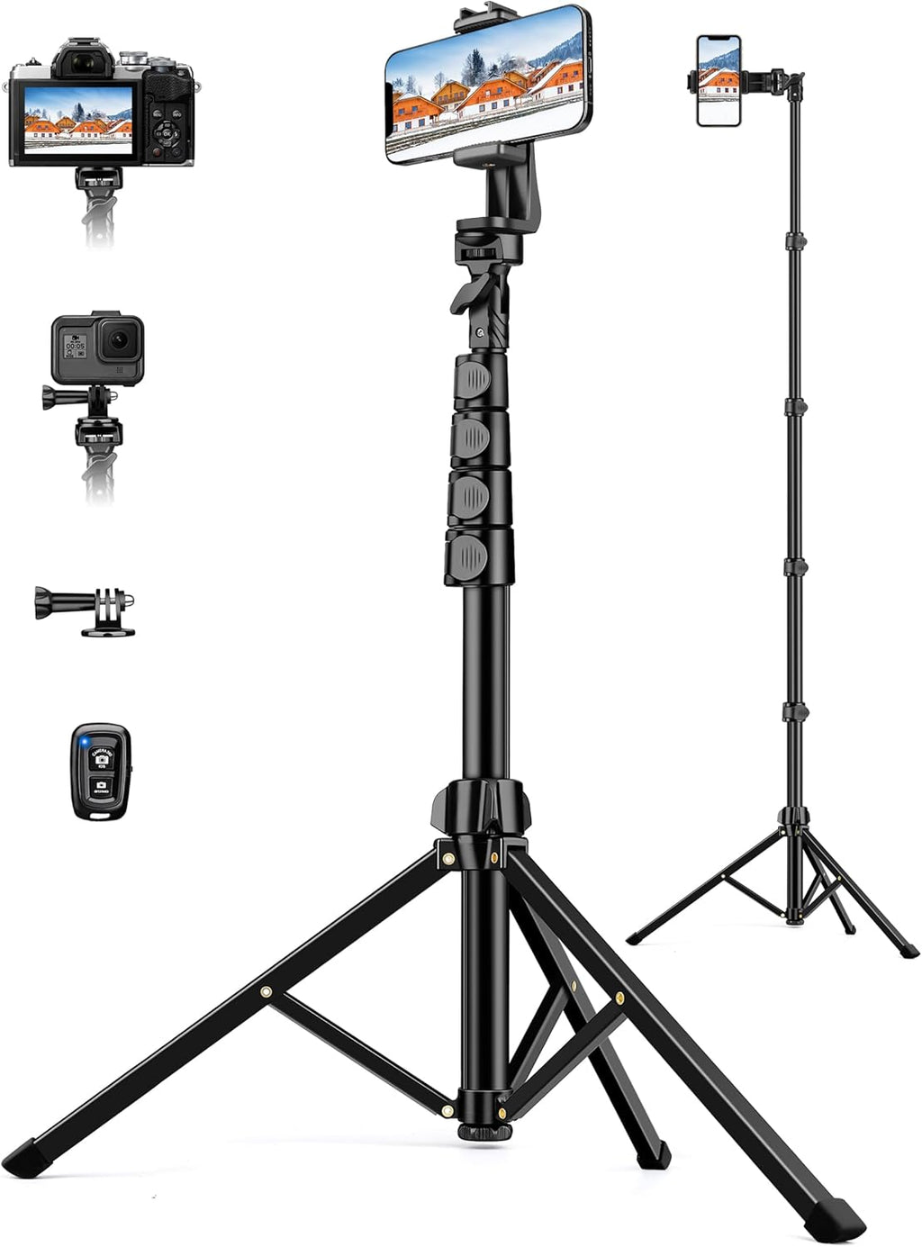Phone Tripod, 67" Tall Tripod for iPhone with Flexible Gooseneck & Remote, Portable Aluminum Cellphone Stand for Selfies, Video Recording,Travel, Compatible with iPhone Android