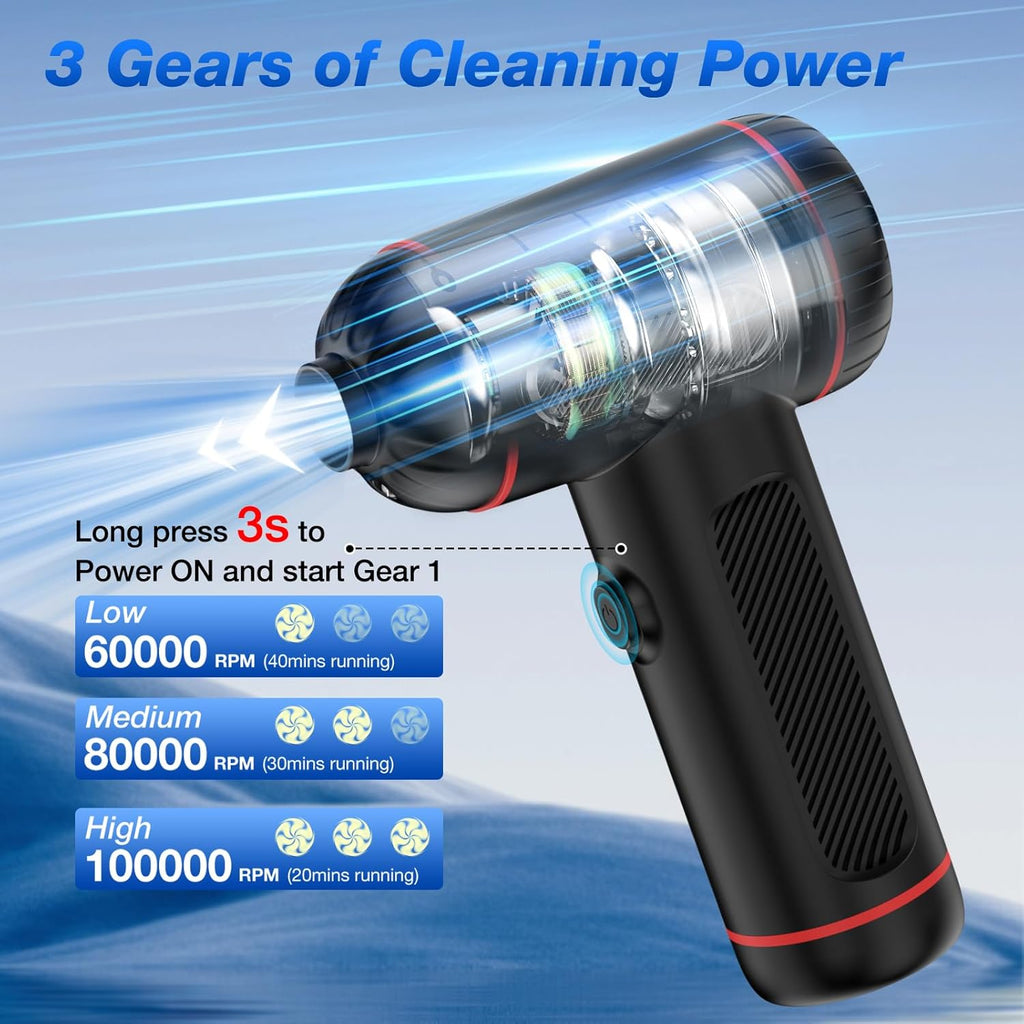 Compressed Air Duster, 100000RPM Handheld Car Vacuum/Air Blower& Pump, 3 Gear Adjustable Electric Air Duster/Car Vacuum Cleaner, Keyboard Duster with LED Light-10 Kits Air Blower for Computer(Black)