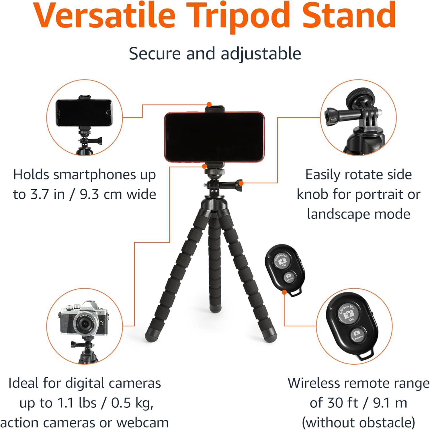 HDRGK Portable and Flexible Tripod with Wireless Remote and Smartphone Clamp, 10-inch, Black