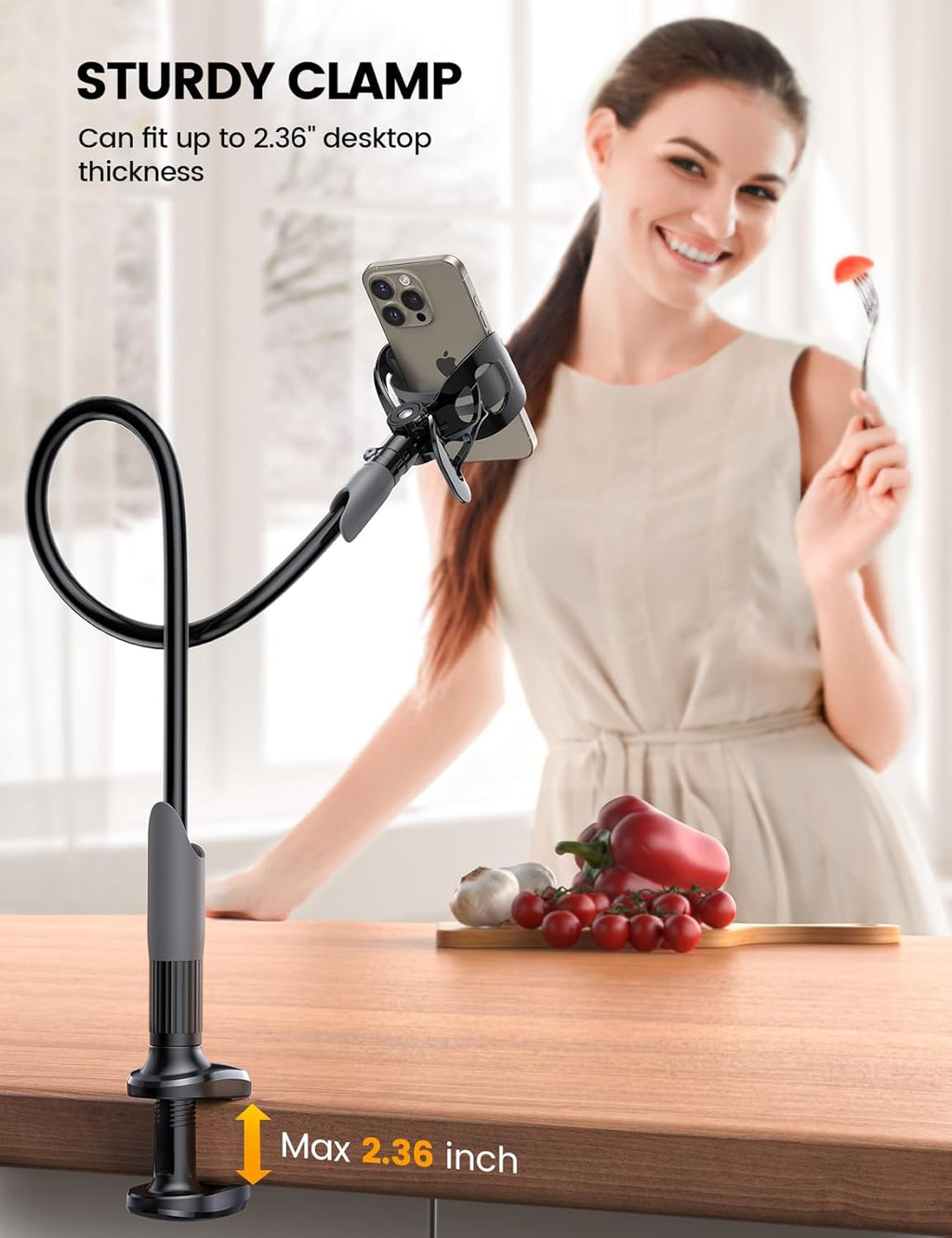 HDRGK Gooseneck Phone Holder for Bed - Cell Phone Mount Clamp Clip, Flexible Long Arm, Overhead Mount for Desk Headboard Bedside, Gifts for iPhone Air 17 Pro Max, 16 15 14 Pro Max and 4-7" Phone