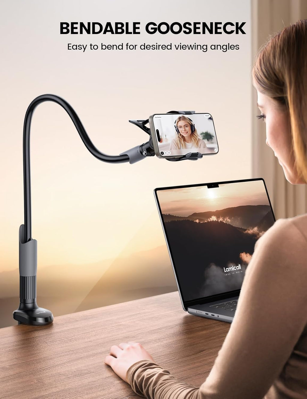 HDRGK Gooseneck Phone Holder for Bed - Cell Phone Mount Clamp Clip, Flexible Long Arm, Overhead Mount for Desk Headboard Bedside, Gifts for iPhone Air 17 Pro Max, 16 15 14 Pro Max and 4-7" Phone