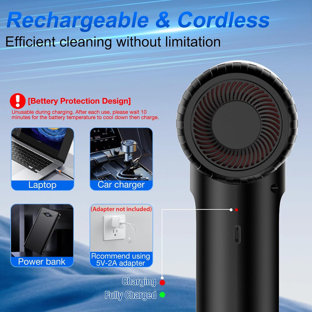 Compressed Air Duster, 100000RPM Handheld Car Vacuum/Air Blower& Pump, 3 Gear Adjustable Electric Air Duster/Car Vacuum Cleaner, Keyboard Duster with LED Light-10 Kits Air Blower for Computer(Black)