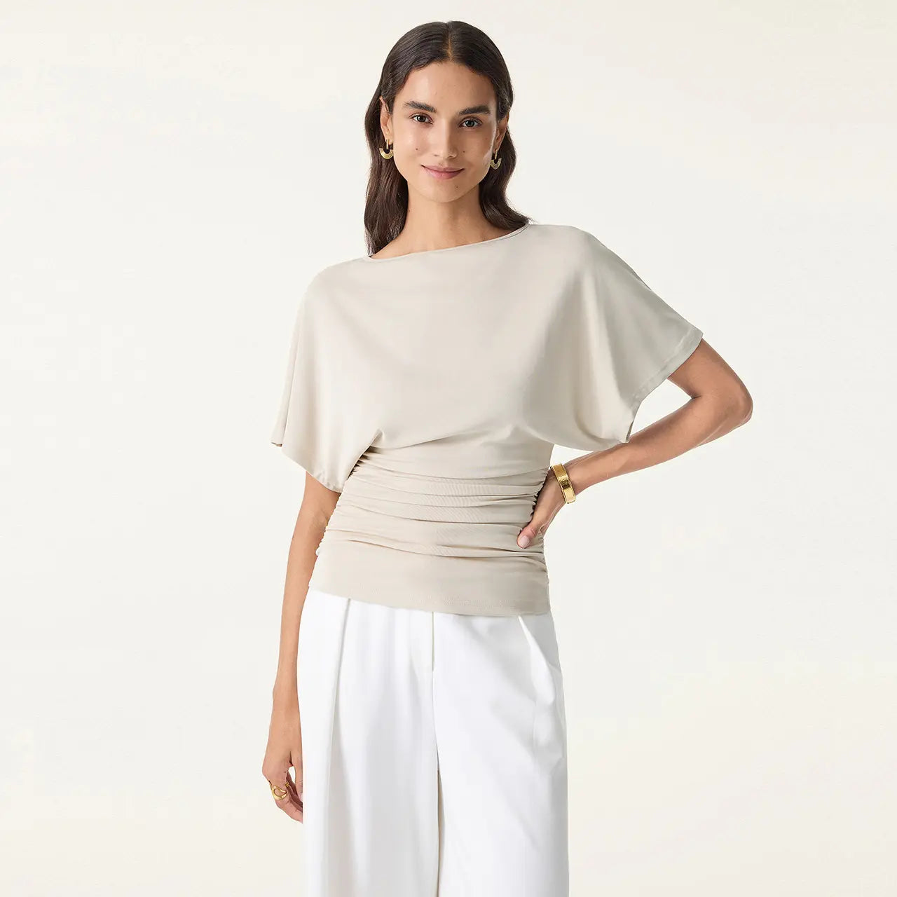 Effortless Boatneck Batwing Sleeve Side Ruched Top - Stylish & Comfortable Women's Fashion baju kelawar outfit Quiet Luxury Essential cute spring clothes women's summer tops summerwins