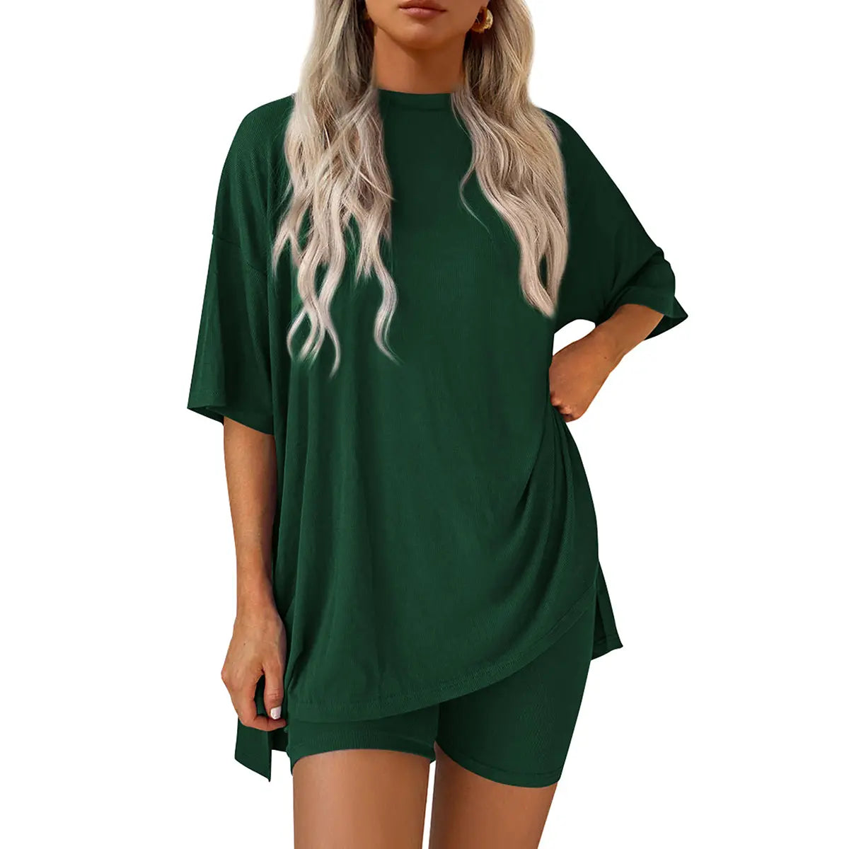 Women's Summer Two-Piece Set - Oversized Crewneck & Biker Shorts