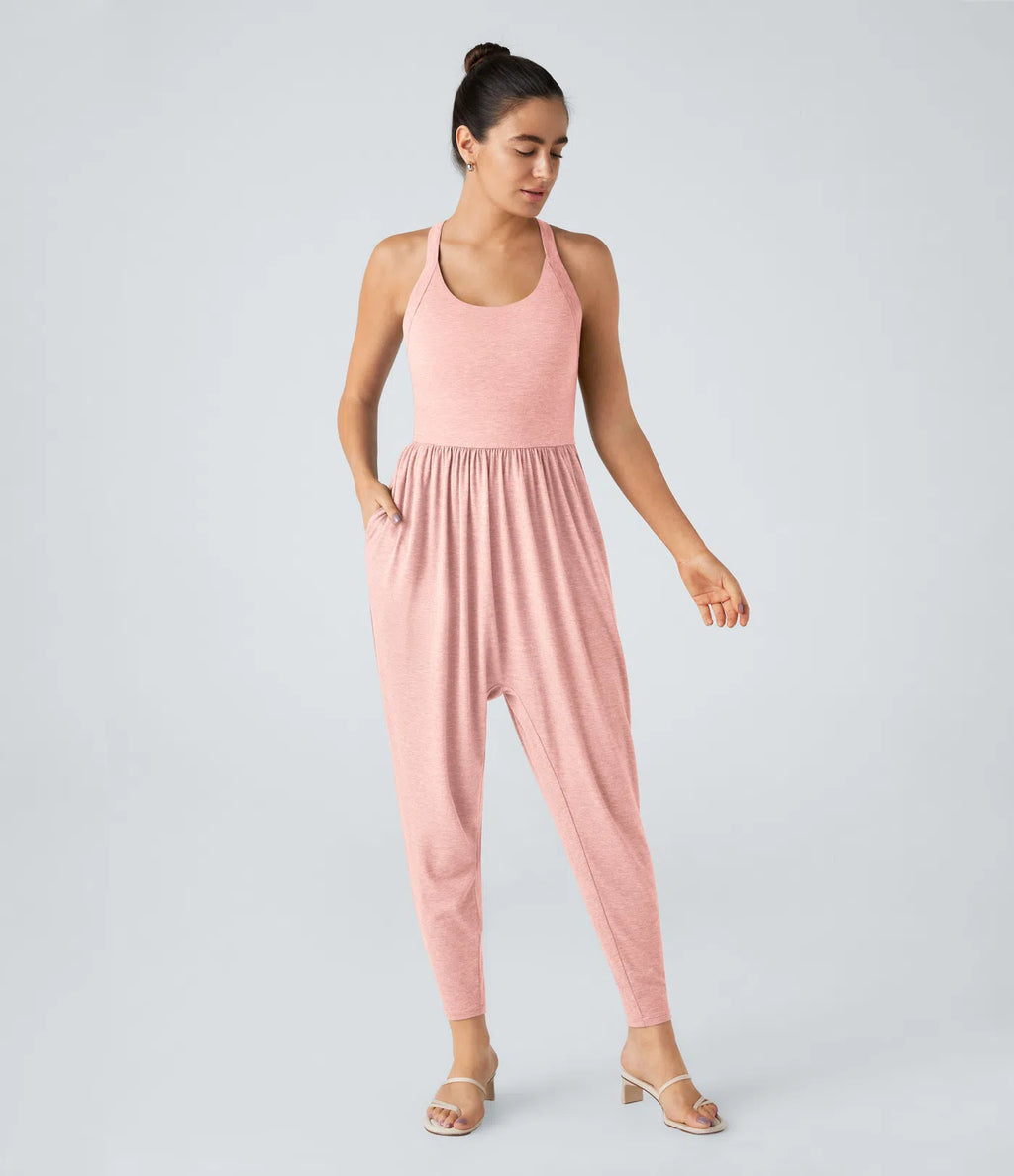 U Neck Harem Casual Jumpsuit with Pockets-Easy Peezy Edition DD-F Cups