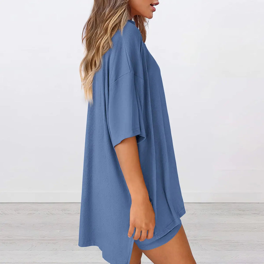Women's Summer Two-Piece Set - Oversized Crewneck & Biker Shorts