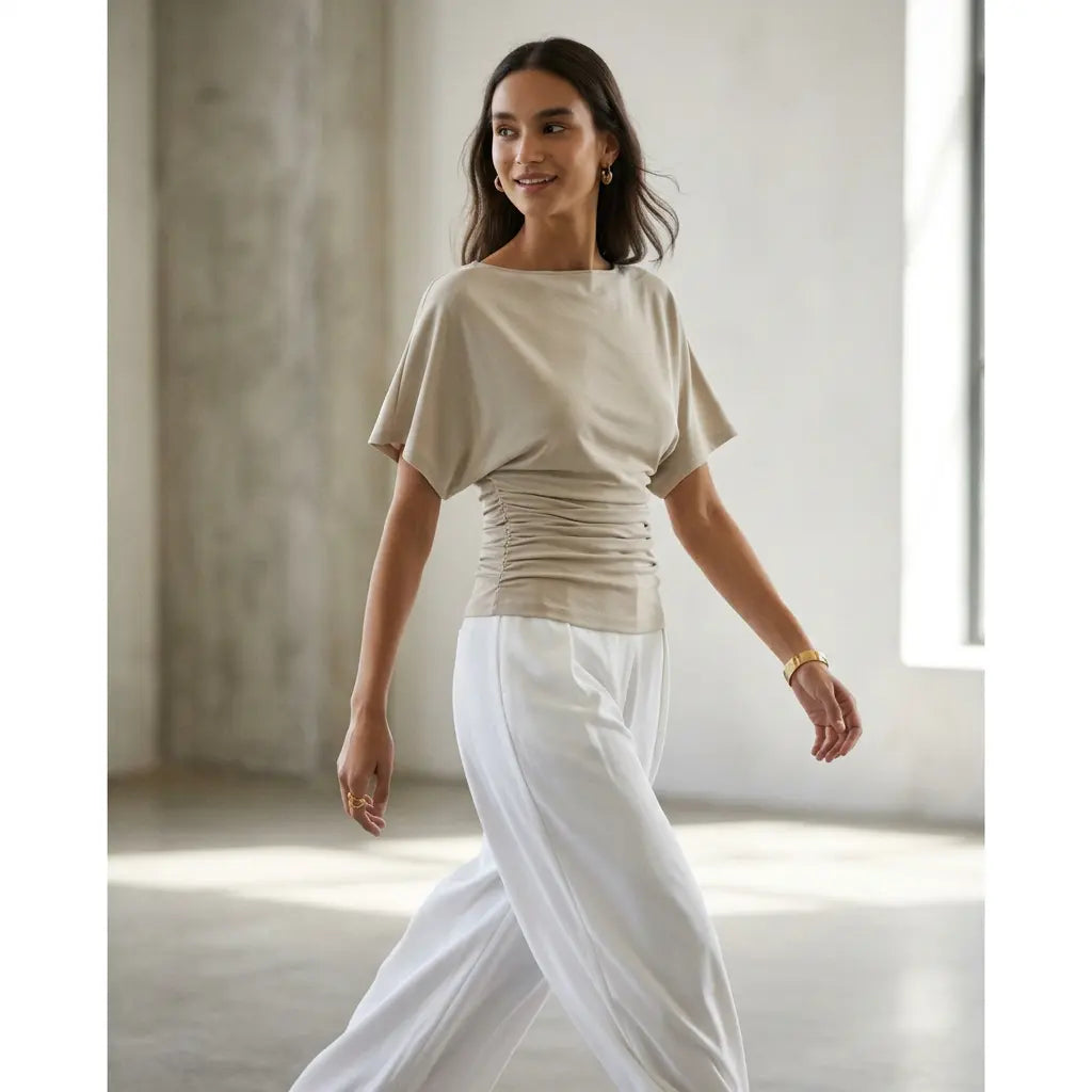 Effortless Boatneck Batwing Sleeve Side Ruched Top - Stylish & Comfortable Women's Fashion baju kelawar outfit Quiet Luxury Essential cute spring clothes women's summer tops summerwins