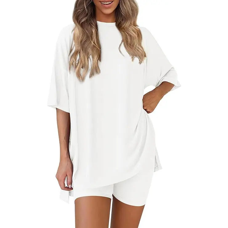 Women's Summer Two-Piece Set - Oversized Crewneck & Biker Shorts